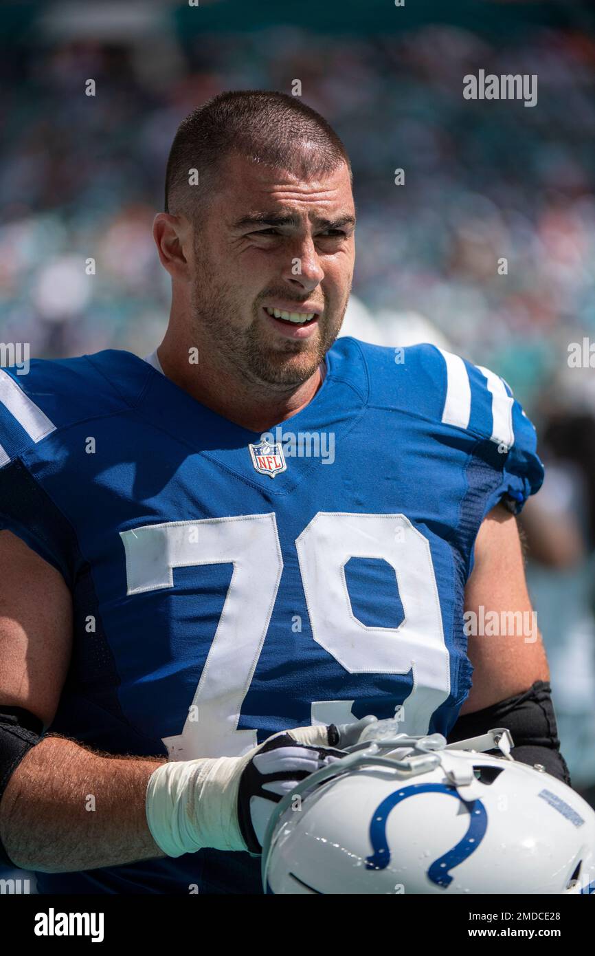 Santa Clara, California, USA. 24th Oct, 2021. Indianapolis Colts offensive  tackle Eric Fisher (79) holds San Francisco 49ers defensive end Nick Bosa  (97) while quarterback Carson Wentz (2) passes ball on Sunday