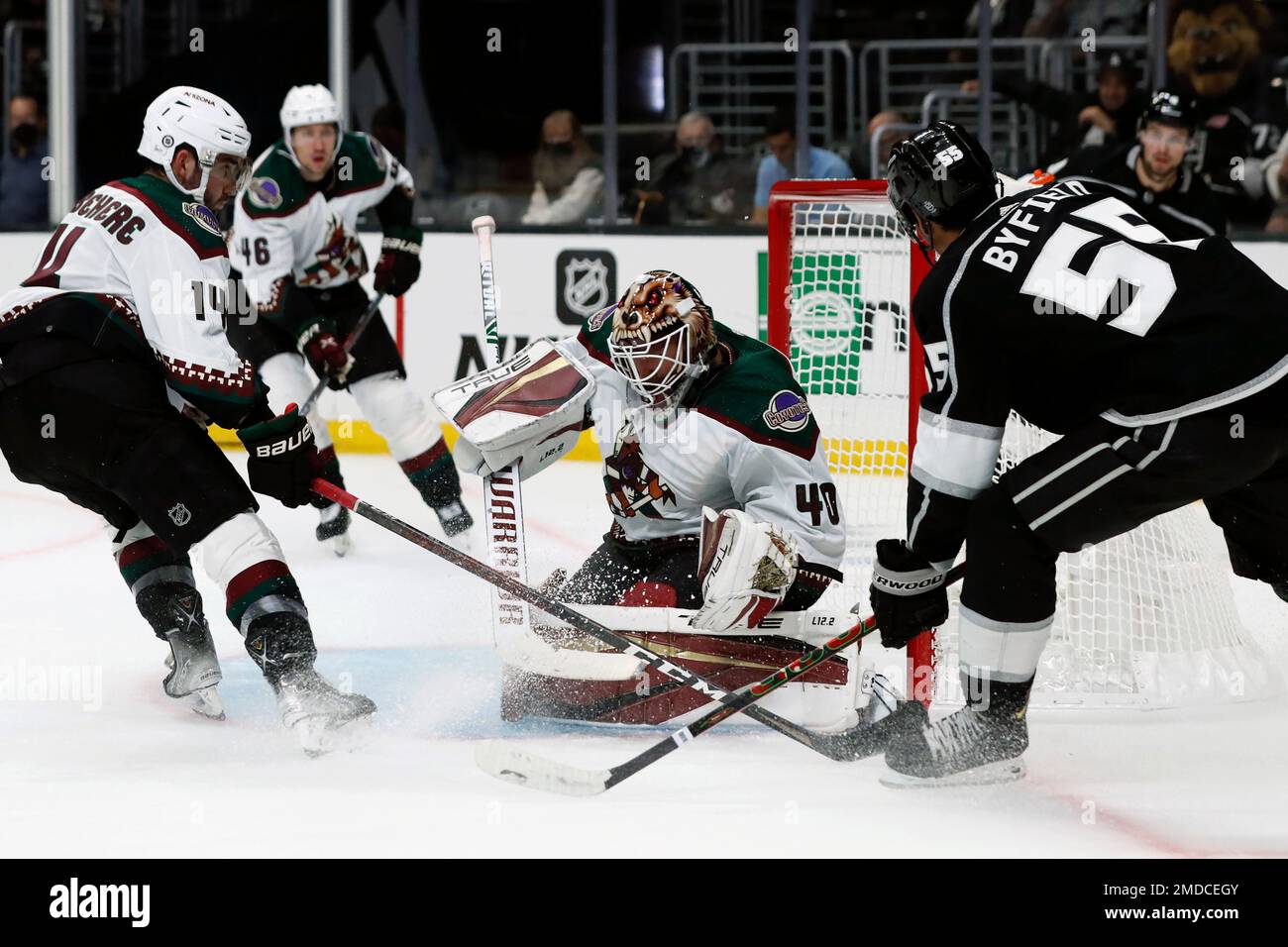 Arizona Coyotes goaltender Carter Hutton skates back to the net during the  first period of a preseason NHL hockey game against the Anaheim Ducks  Saturday, Oct. 2, 2021, in Glendale, Ariz. (AP