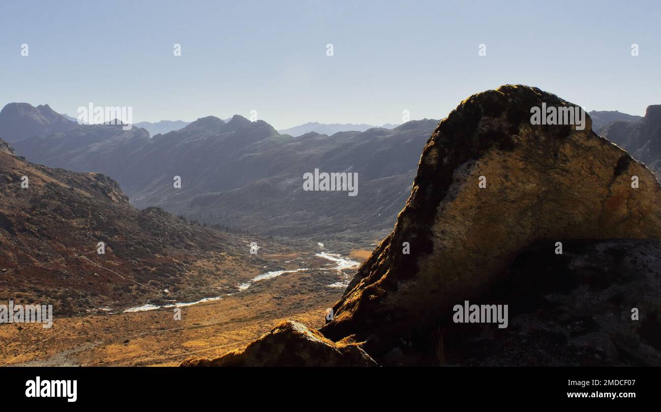 scenic landscape and mountainscape, himalaya mountain range in tawang near bum la pass (india china border) in arunachal pradesh, north east india Stock Photo