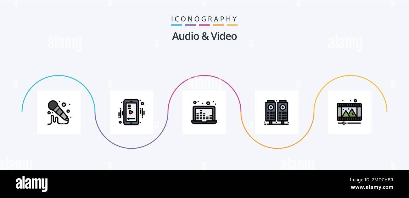 Audio And Video Line Filled Flat 5 Icon Pack Including reel. play store