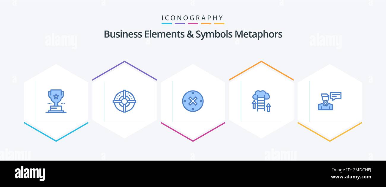 Business Elements And Symbols Metaphors 25 Blue icon pack including chat. data. close. upload. cloud Stock Vector