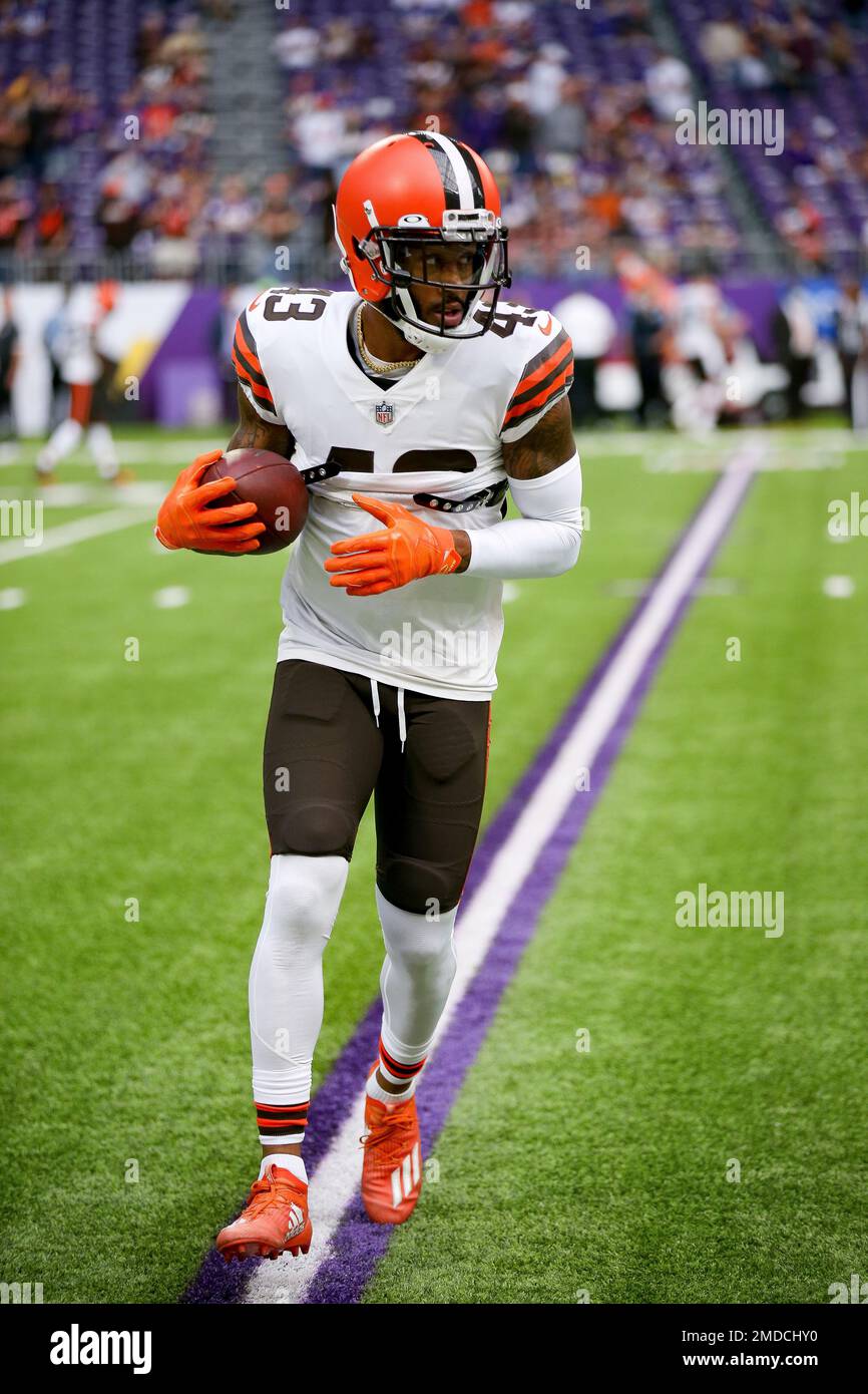 Cleveland Browns free safety John Johnson (43) prior to an NFL football  game against the Minnesota Vikings, Sunday, Oct. 3, 2021 in Minneapolis.  Cleveland won 14-7. (AP Photo/Stacy Bengs Stock Photo - Alamy