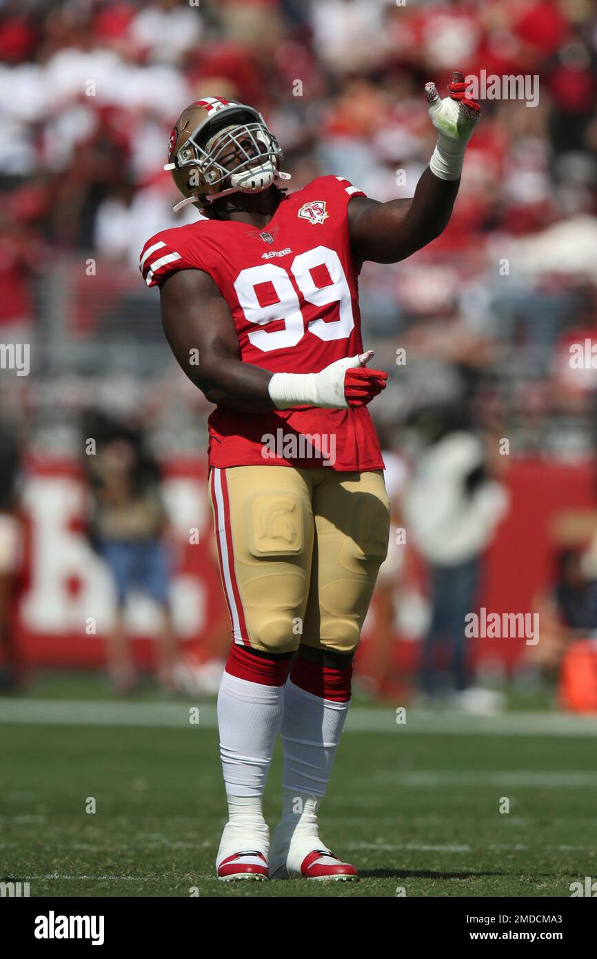 San Francisco 49ers Javon Kinlaw (99) reacts after a play during an NFL  football game against the Seattle Seahawks, Sunday, October 3, 2021, in  Santa Clara, Calif. (AP Photo/Scot Tucker Stock Photo - Alamy