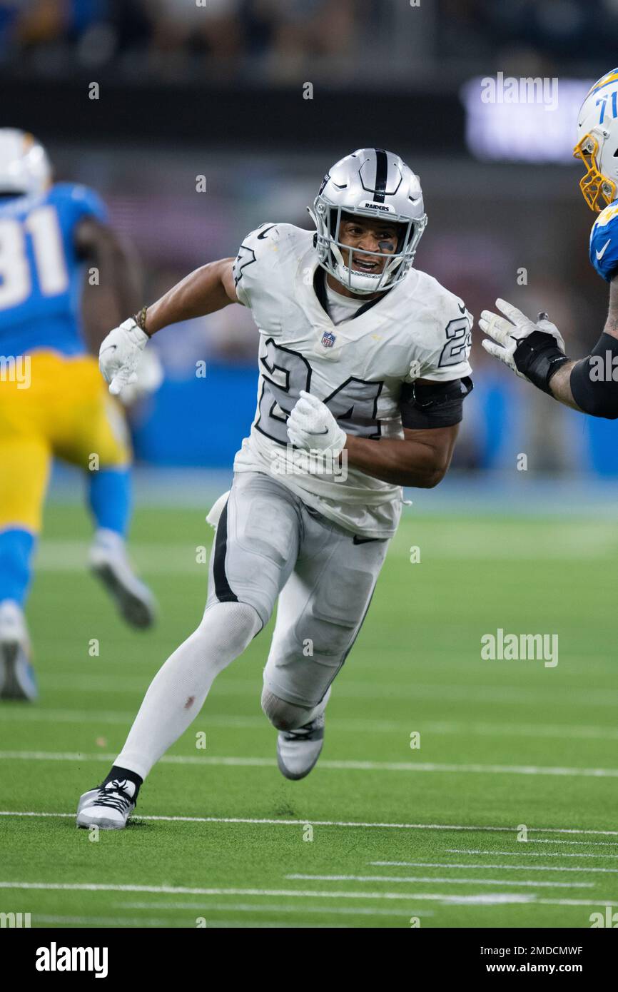 Las Vegas Raiders defensive back Johnathan Abram (24) runs during an NFL  football game against the Los Angeles Chargers Monday, Oct. 4, 2021, in  Inglewood, Calif. (AP Photo/Kyusung Gong Stock Photo - Alamy