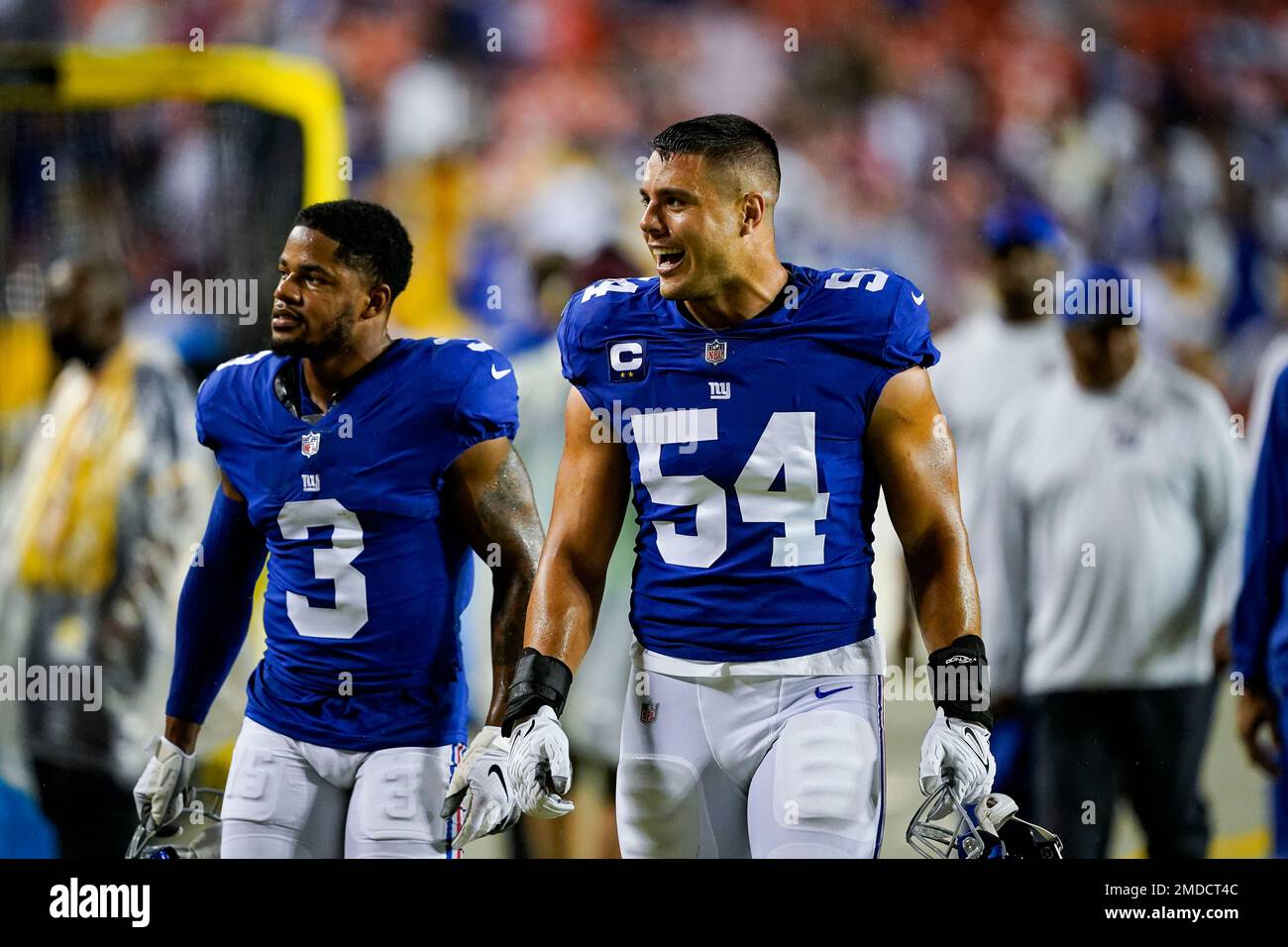 New York Giants wide receiver Sterling Shepard (3) and New York Giants  inside linebacker Blake Martinez (54) walk to the locker room before the  start of an NFL football game against the