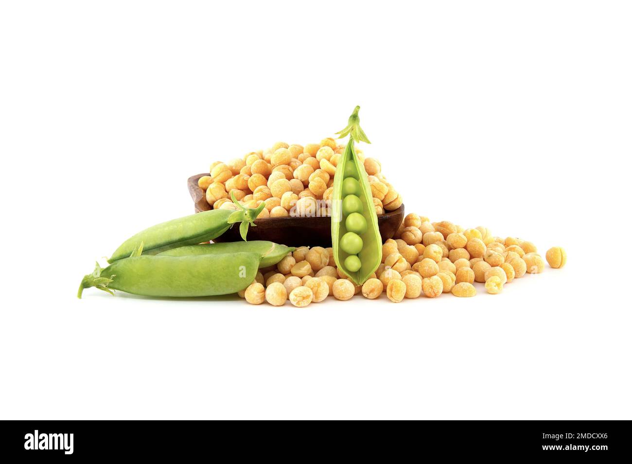 Whole dry yellow peas and fresh plant with pea pods over white