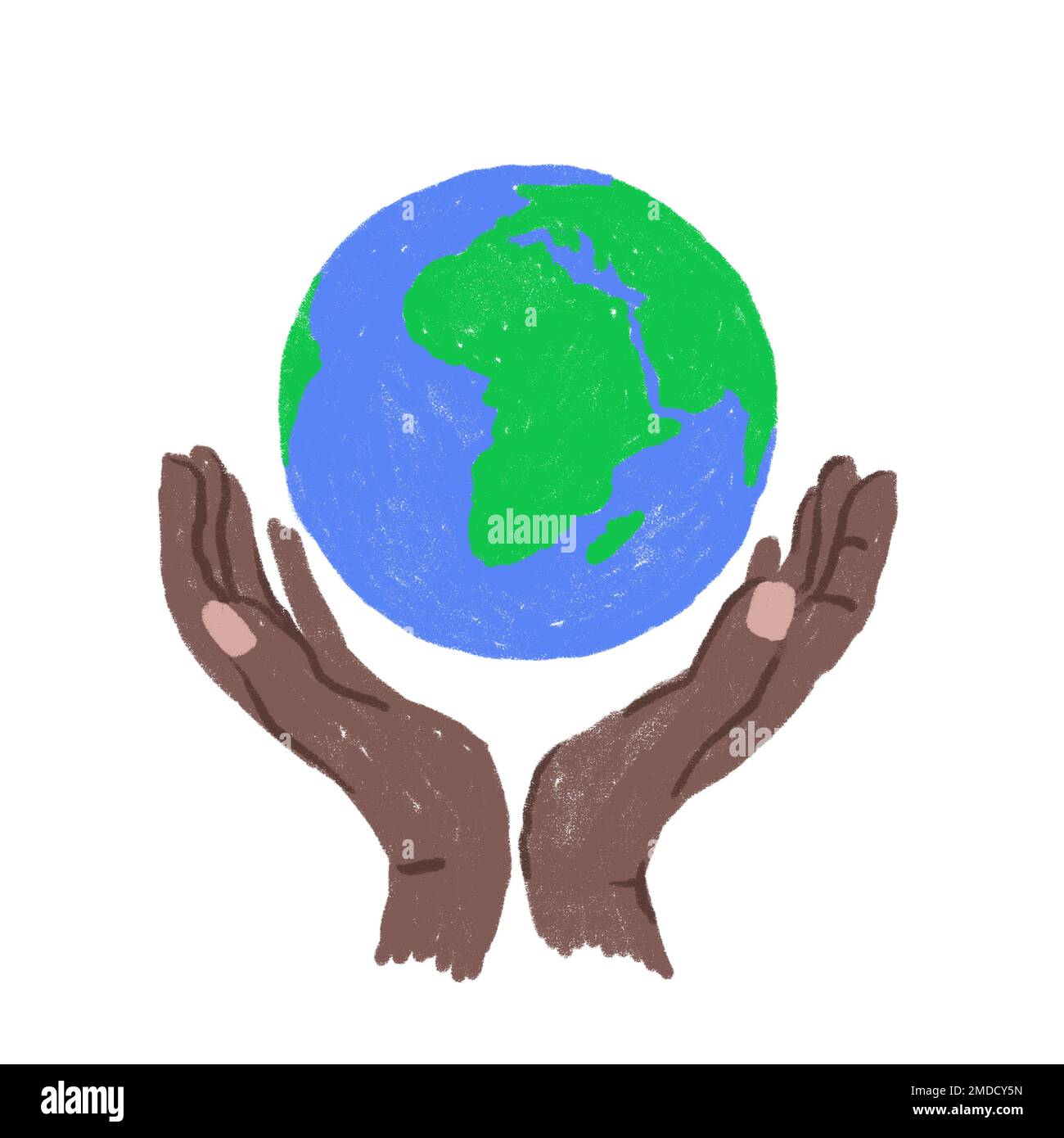 Hand drawn illustration of Earth Day globe planet ecology protection black African American hands holding. Blue green sphere with ocean land, ecological environmental concept, pollution icon symbol Stock Photo