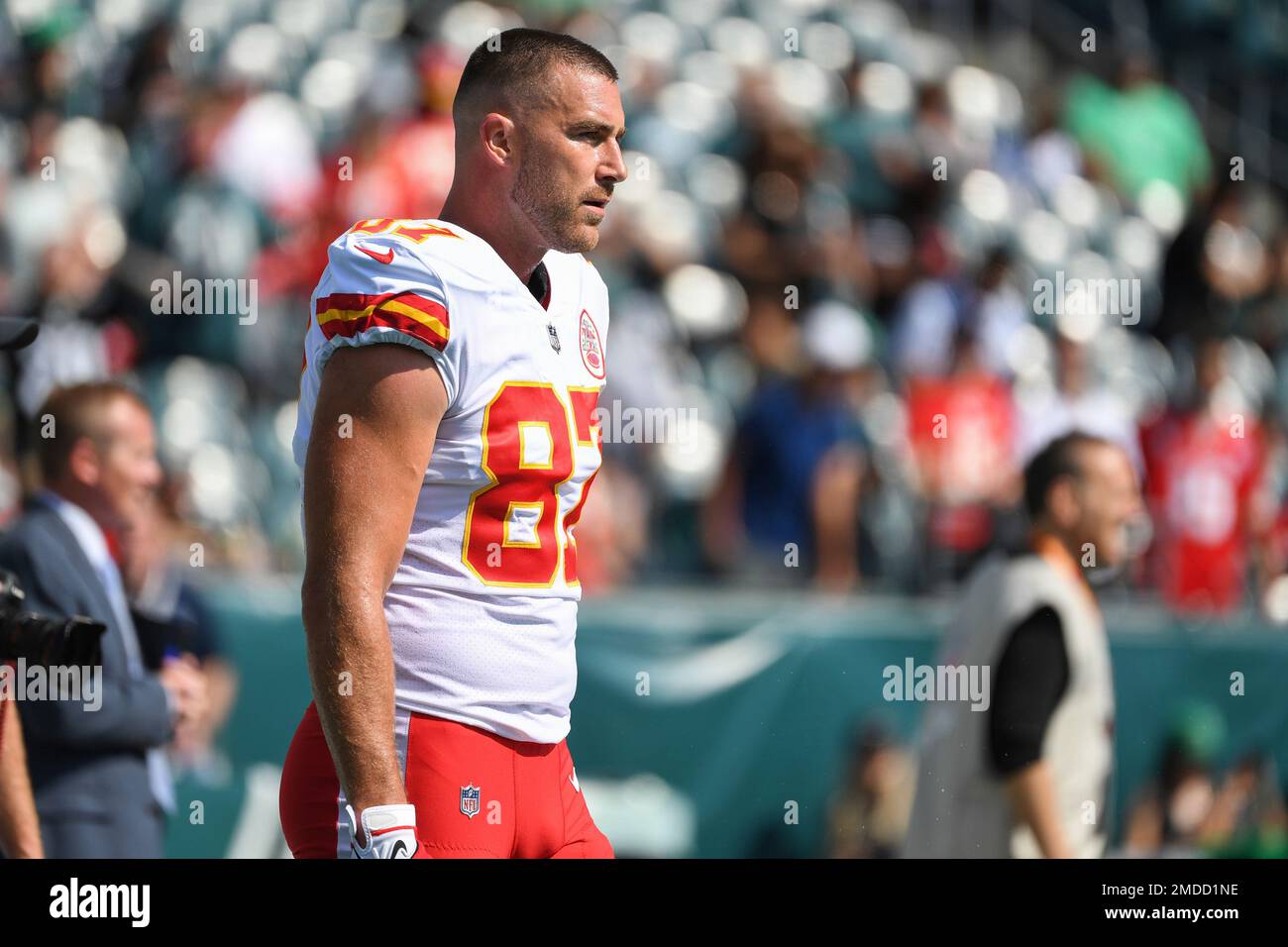 FILE – In this Dec. 13, 2018, file photo, Kansas City Chiefs tight end  Travis Kelce (87) during warm-ups before the start of an NFL football game  in Kansas City, Mo. Kelce