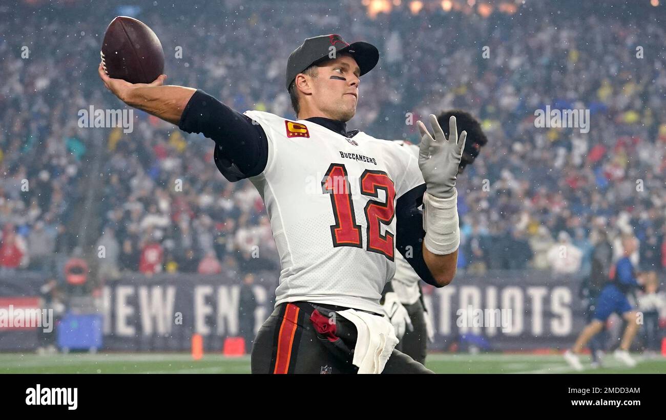 Tampa Bay Buccaneers quarterback Tom Brady (12) stands on the sideline  during the first half of an NFL football game against the New England  Patriots, Sunday, Oct. 3, 2021, in Foxborough, Mass. (