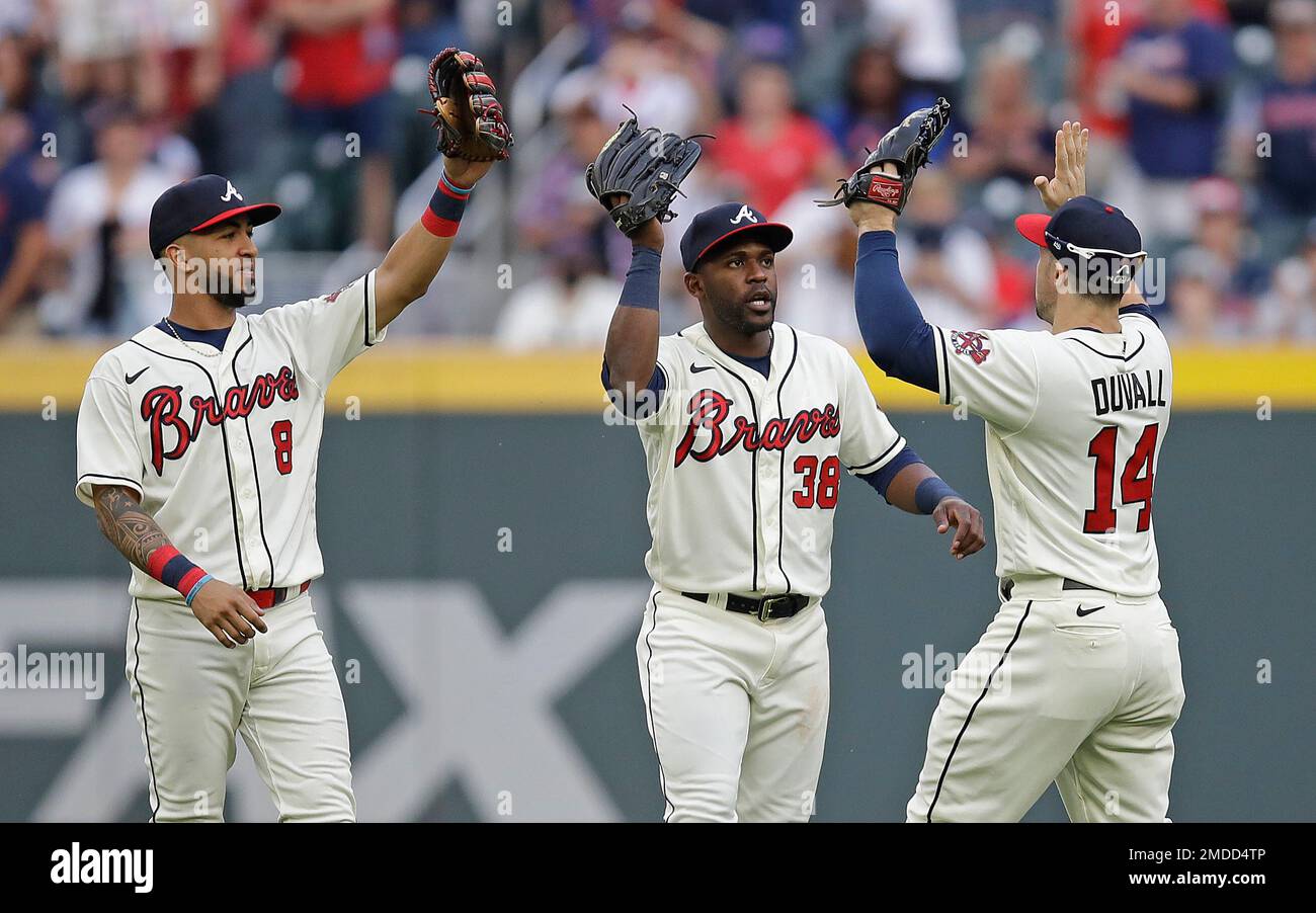 Atlanta Braves outfielders, from left, Eddie Rosario, Michael Harris II and  Ronald Acuna Jr. celebrate following a 12-5 victory against the Los Angeles  Angels at Truist Park on Wednesday, Aug. 2, 2023