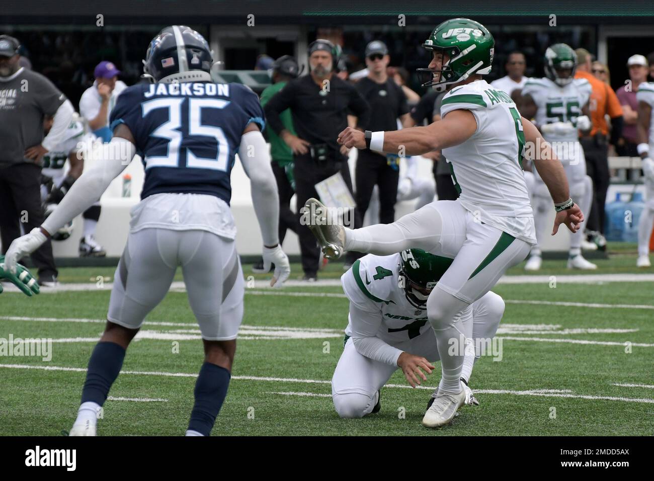 New York Jets kicker Matt Ammendola (6) watches his extra point kick