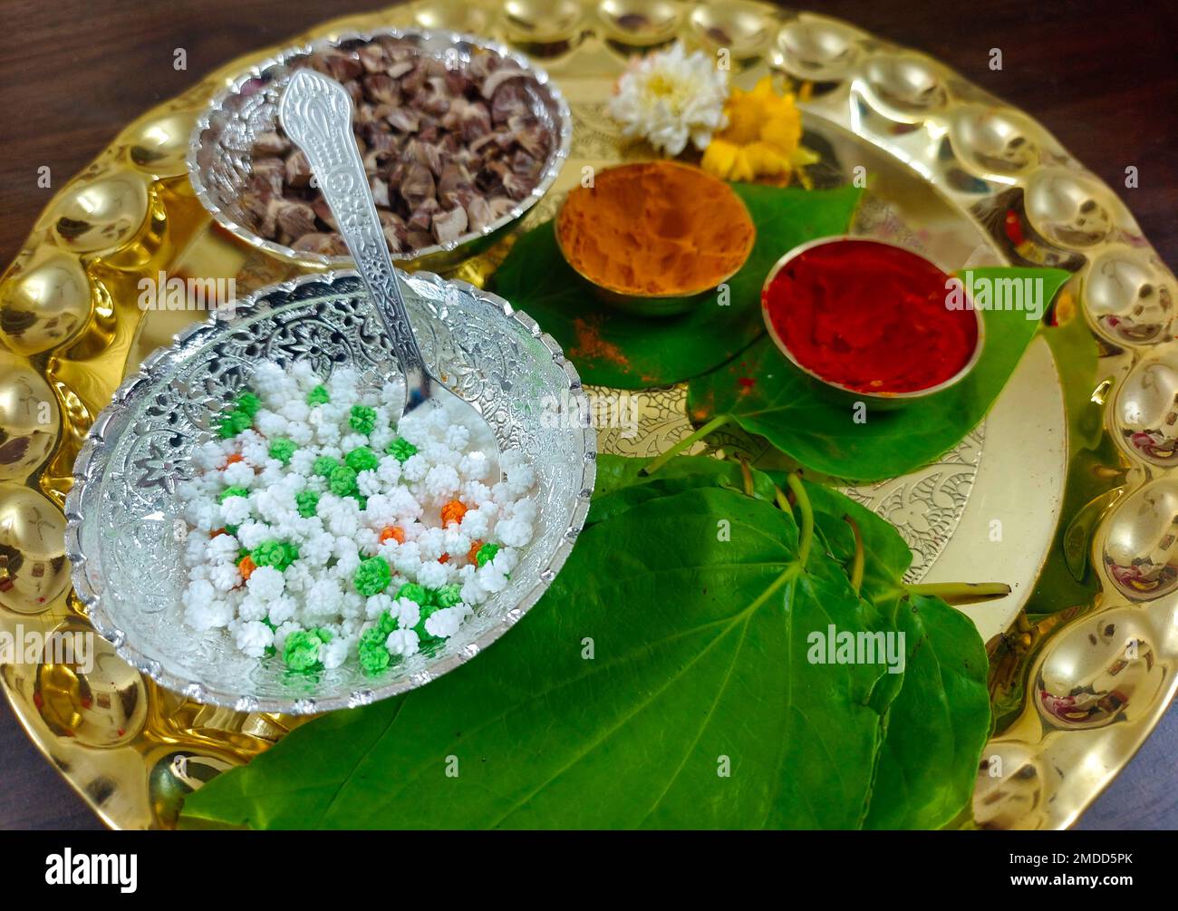 Til Gul , haldi Kumkum and sugar crystals for Makar Sankranti festival in India, selective focus. Stock Photo