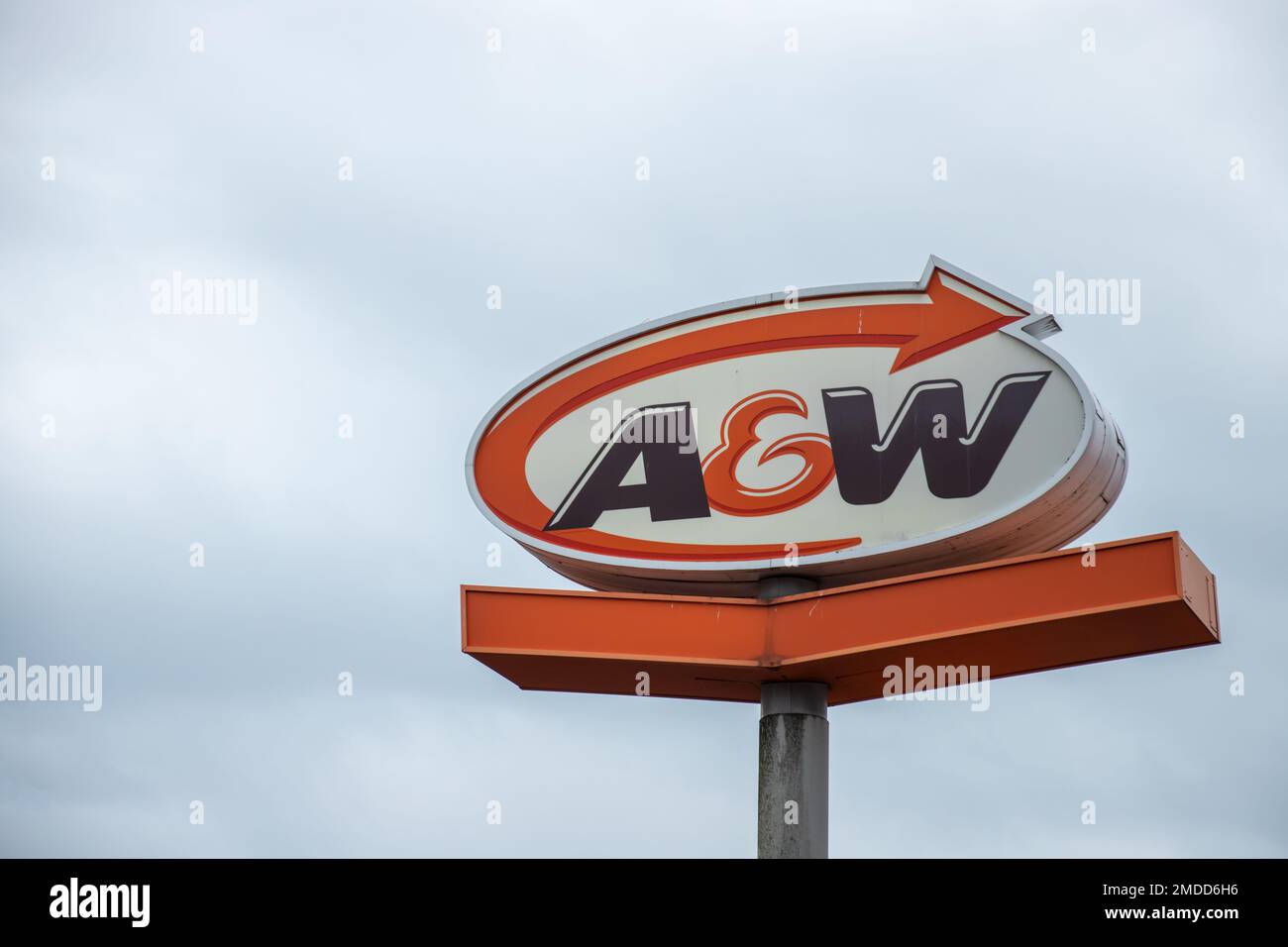 Sign of A&W. A&W, originally part of the U.S.-based A&W Restaurants, is a fast food restaurant chain in Canada by A&W Food Services of Canada, Inc. Stock Photo