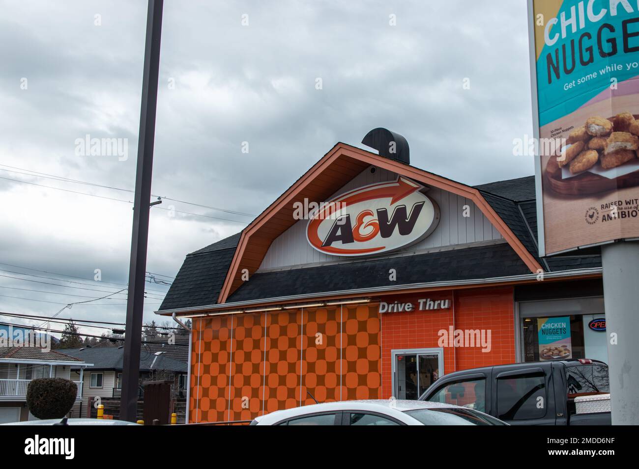 Sign of A&W. A&W, originally part of the U.S.-based A&W Restaurants, is a fast food restaurant chain in Canada by A&W Food Services of Canada, Inc. Stock Photo