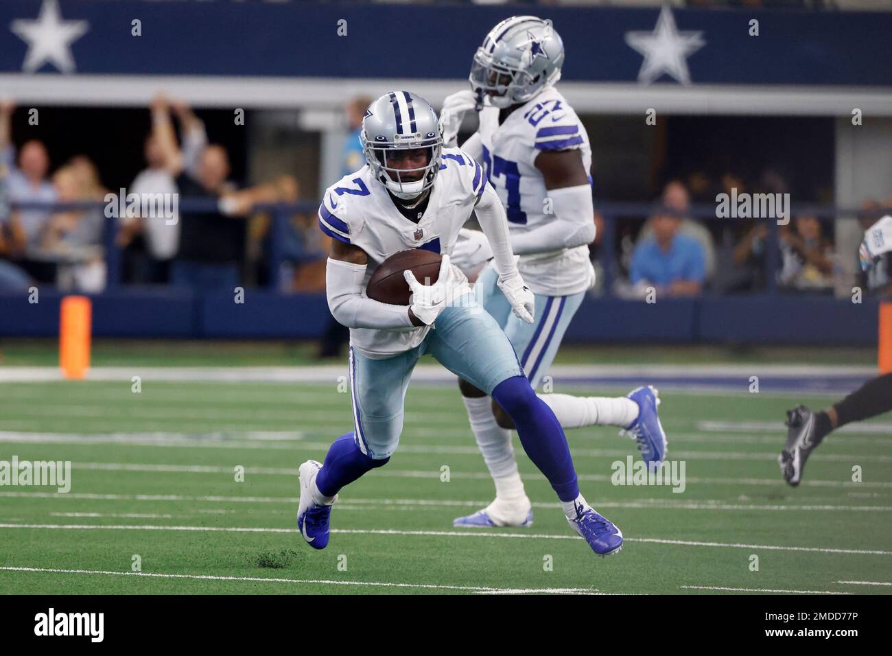 Dallas Cowboys cornerback Trevon Diggs (7) returns an interception as