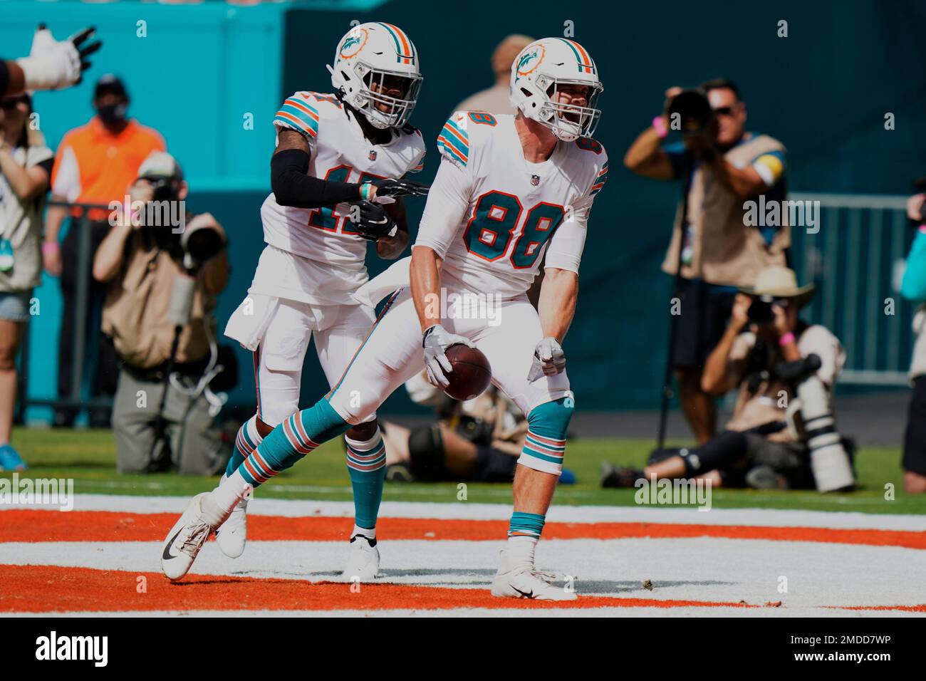 Miami Gardens, Florida, USA. 22nd Dec, 2019. Miami Dolphins tight end Mike  Gesicki (88) celebrates his touchdown in the third quarter against the Cincinnati  Bengals during an NFL football game at the