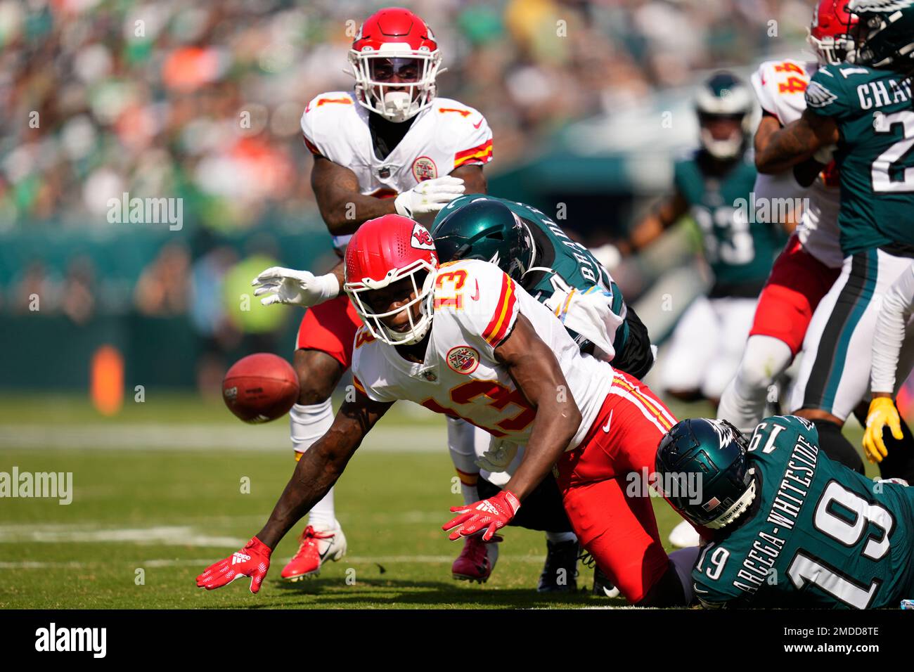 Kansas City Chiefs wide receiver Byron Pringle (13) is tackled by