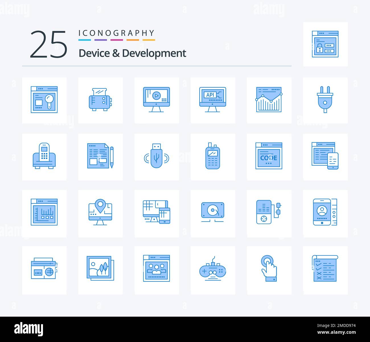 Device And Development 25 Blue Color icon pack including website. analysis. monitor. education. code Stock Vector