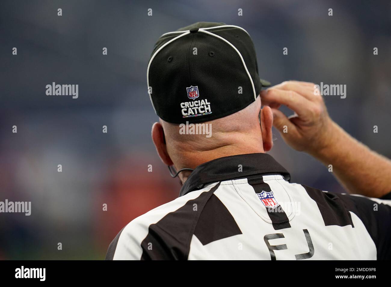 An NFL Crucial Catch logo is seen on a hat prior to an NFL