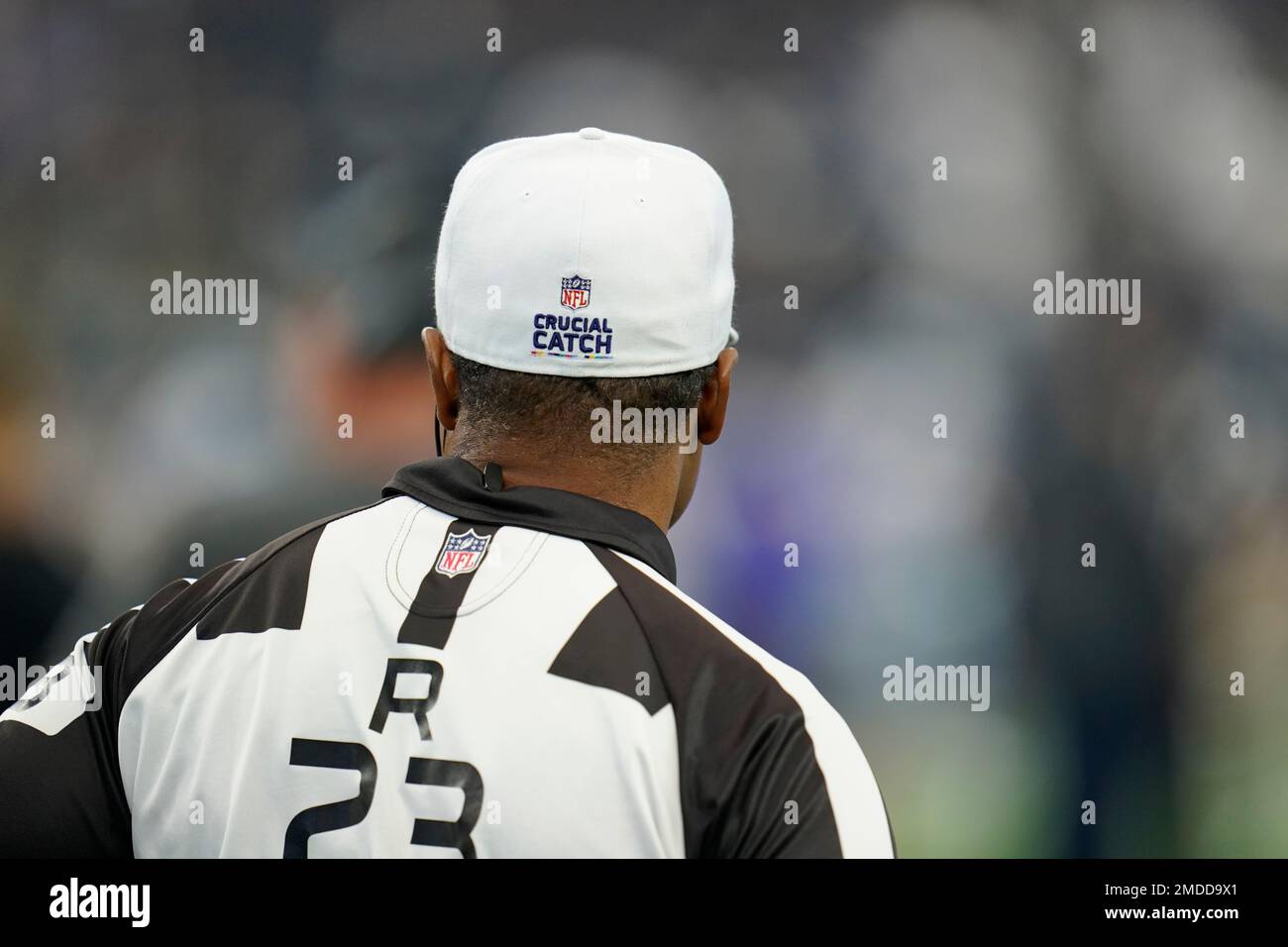 The NFL crucial catch decal is seen on on an officials hat during pregame  warmups before an NFL football game between the Carolina Panthers and the  Dallas Cowboys , Sunday, Oct. 3,