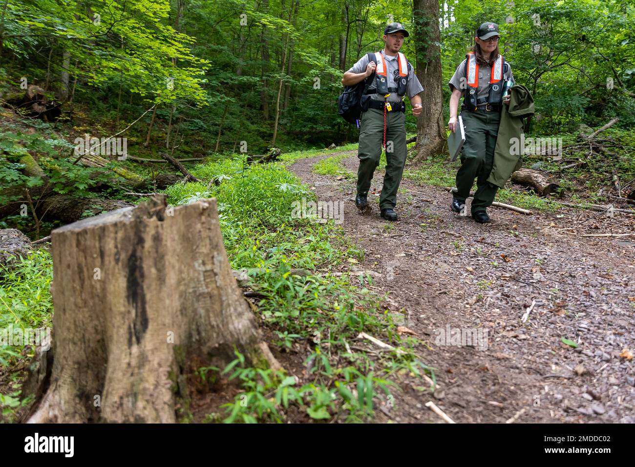Matt Balas and Sam Phillips, park rangers with U.S. Army Corps of Engineers Pittsburgh District, walk down to the boat dock to start their patrol at Youghiogheny River Lake in Confluence, Pennsylvania, July 15, 2022. Stock Photo