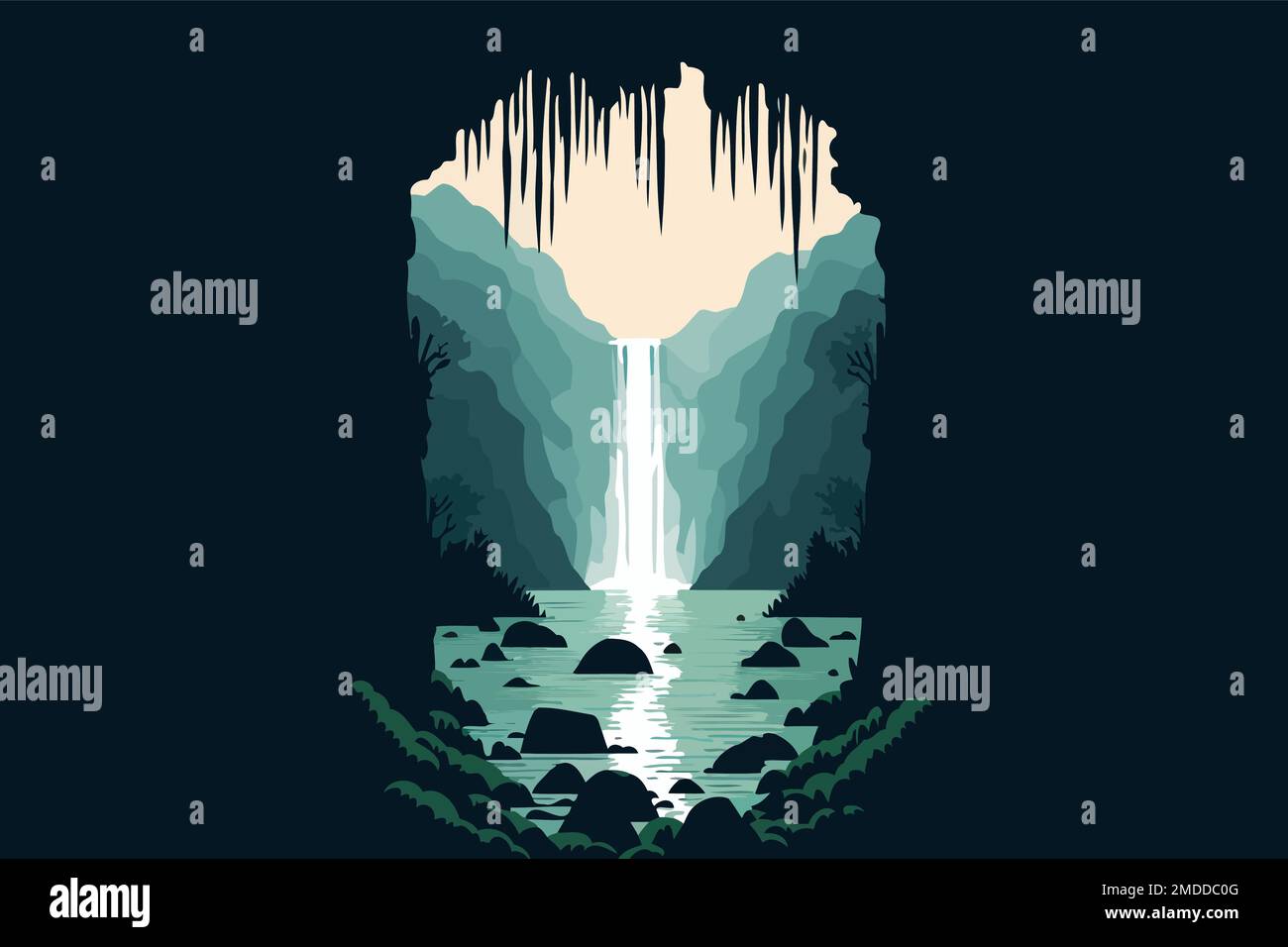 illustration of river with waterfall seen from a cave made to ...