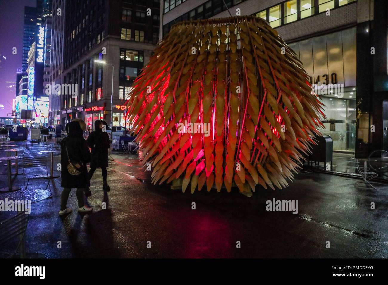 Kinetic light installation is now on display in the Garment District. Living Lantern measures 14 feet tall and 20 feet wide and is a symbol of hope, brightness and light. When touched by the wind, the installation “breathes” and comes to life with a mesmerizing movement. It is made of plywood, metal and 51 animated LED light bulbs. It is lit from the inside and pre-programmed with an animated light sequence that creates a mesmerizing experience. The facility was designed by two teams over Zoom during a pandemic. Since then, it has traveled the world - debuting at the World Science Festival in Stock Photo