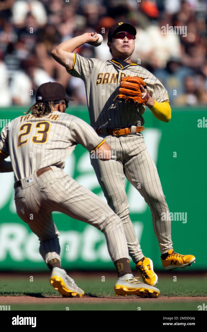 San Diego Padres' Ha-Seong Kim batting during the second inning of a  baseball game against the San Francisco Giants, Friday, July 8, 2022, in  San Diego. (AP Photo/Gregory Bull Stock Photo - Alamy