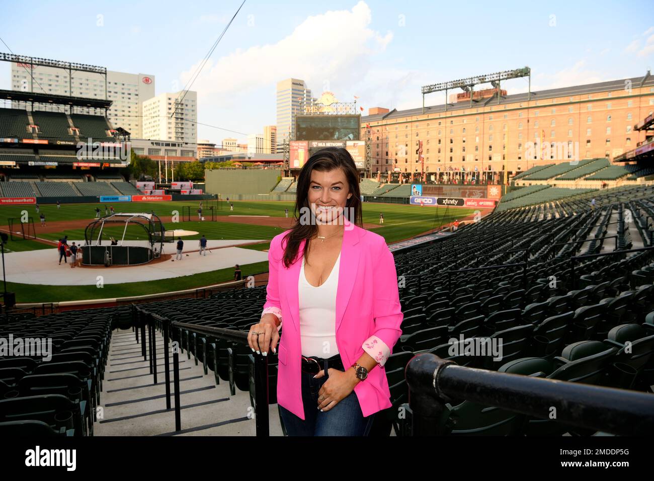 Baltimore Orioles radio and TV announcer Melanie Newman poses for a photograph at Oriole Park at Camden Yards, Tuesday, Sept