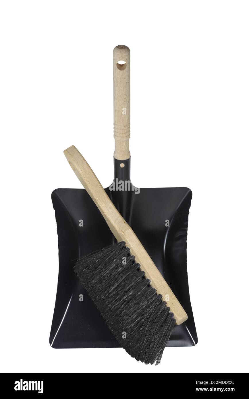 Metal hand broom and dustpan on white background, top view Stock Photo