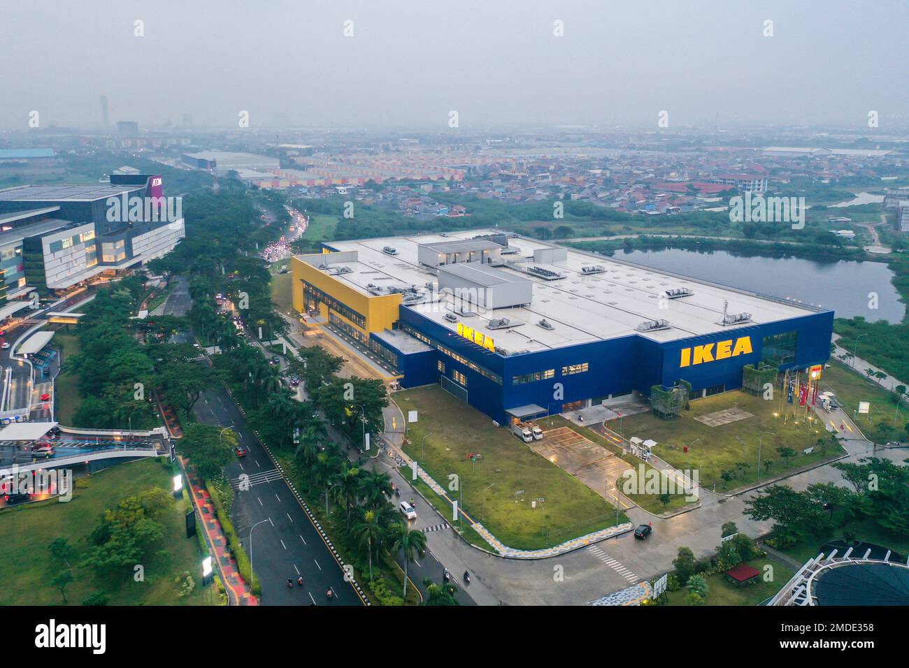 Aerial view of New IKEA Store Jakarta Garden City, AEON is a Largest retailer of ready-to-assemble or flat-pack furniture with noise cloud. Jakarta, J Stock Photo