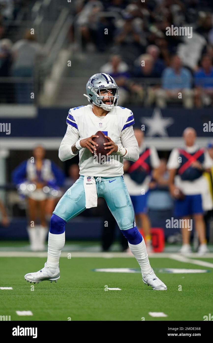 Dallas Cowboys quarterback Dak Prescott (4) looks to pass during a  Thanksgiving day NFL football game against the Las Vegas Raiders, Thursday,  Nov. 25, 2021, in Arlington, Texas. (AP Photo/Matt Patterson Stock