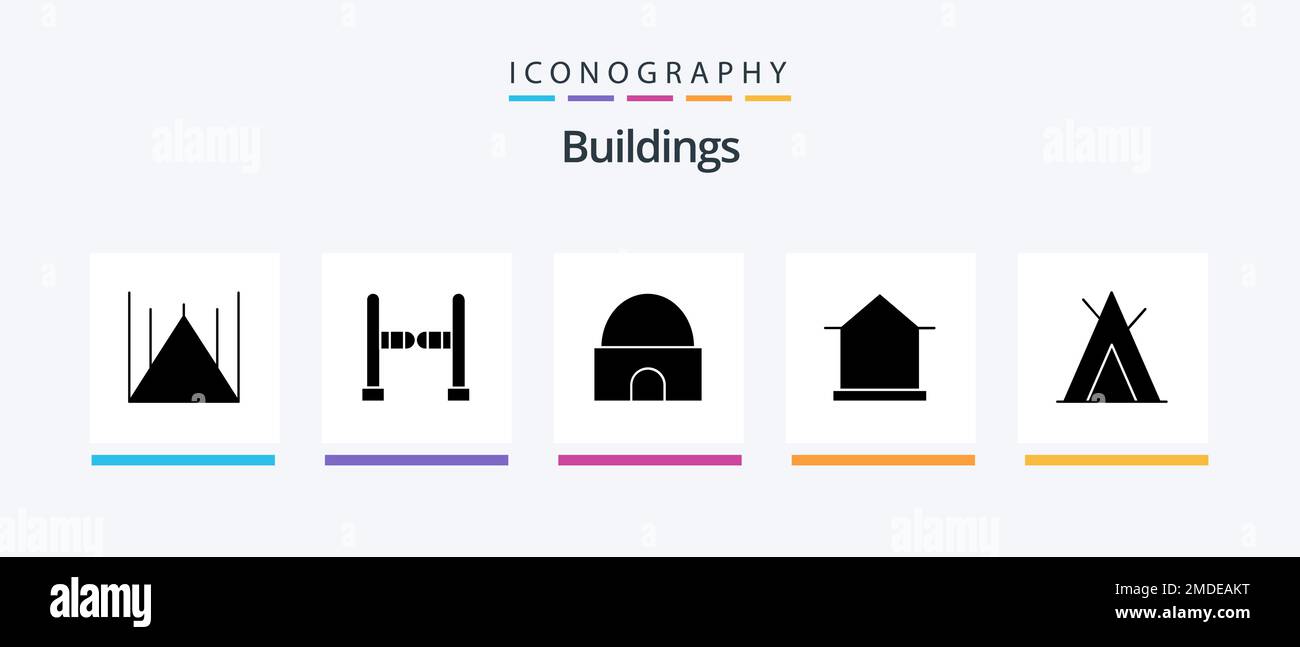 Buildings Glyph 5 Icon Pack Including camp. hut. historical building. house. building. Creative Icons Design Stock Vector