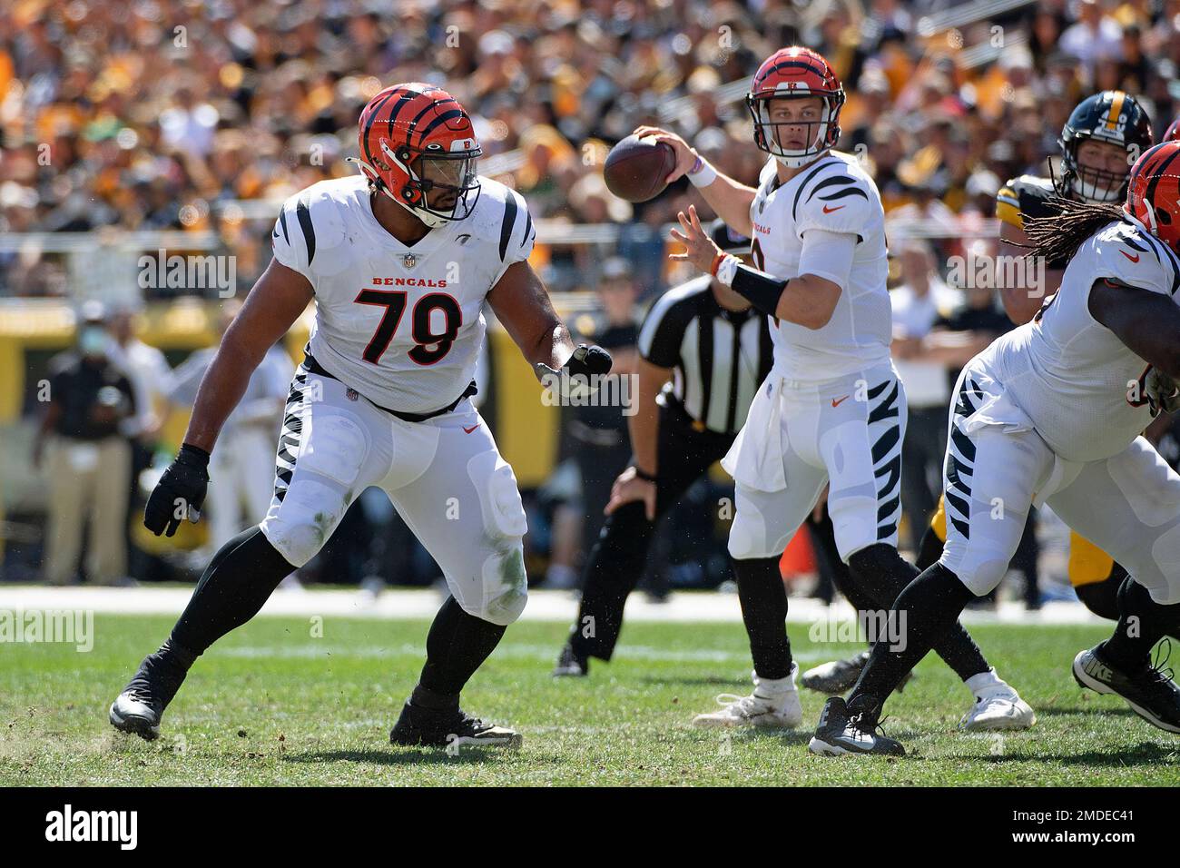 Cincinnati Bengals offensive guard Jackson Carman (79) plays against the  Pittsburgh Steelers during an NFL football game, Sunday, Sept. 26, 2021, in  Pittsburgh. (AP Photo/Justin Berl Stock Photo - Alamy