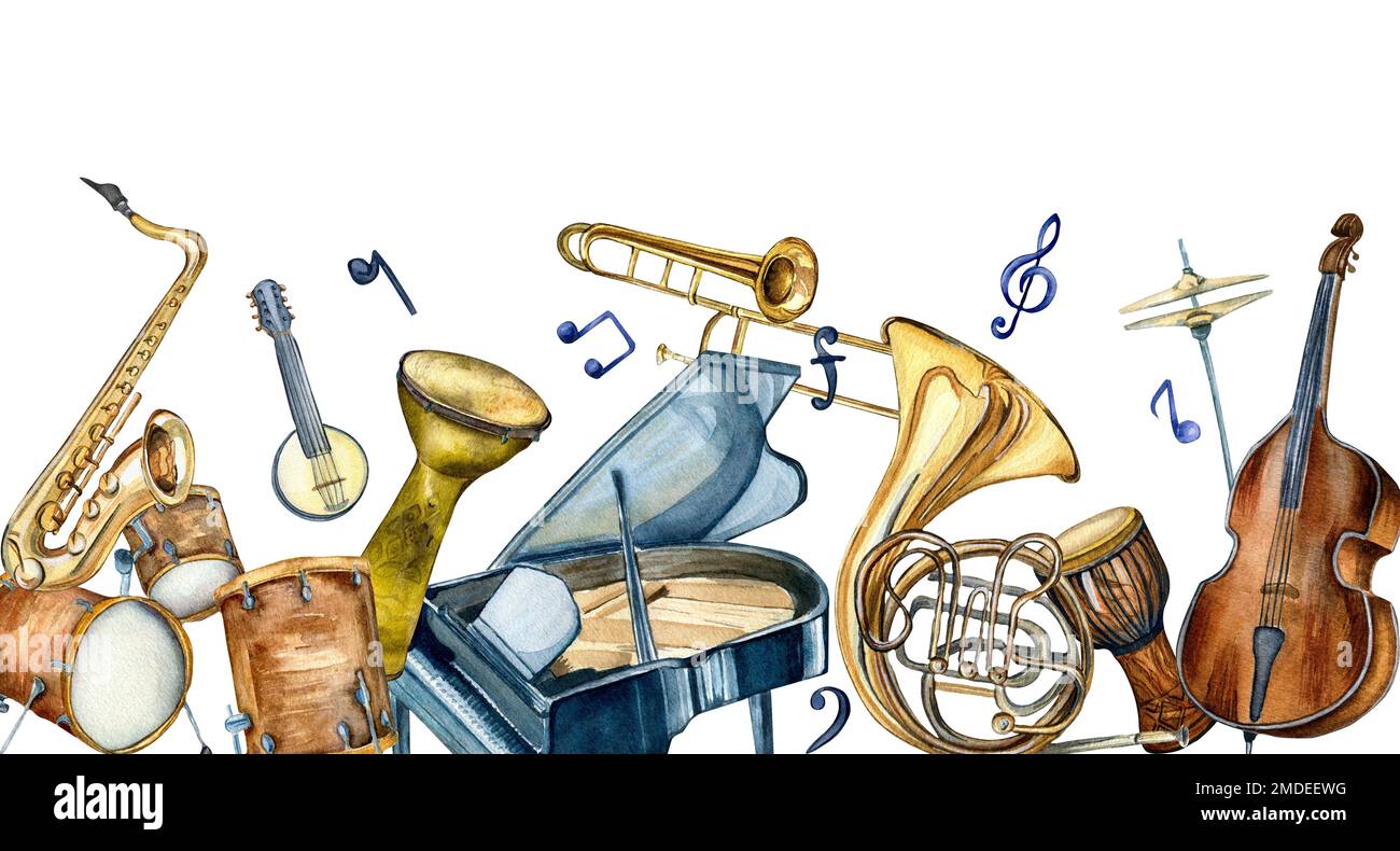 Board of jazz musical instruments watercolor illustration isolated on