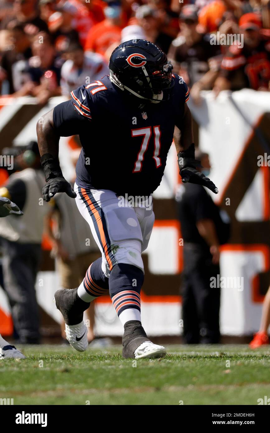 FILE - Chicago Bears offensive lineman Jason Peters (71) blocks during an  NFL football game against the Cleveland Browns, Sunday, Sept. 26, 2021, in  Cleveland. Age is a funny thing in the