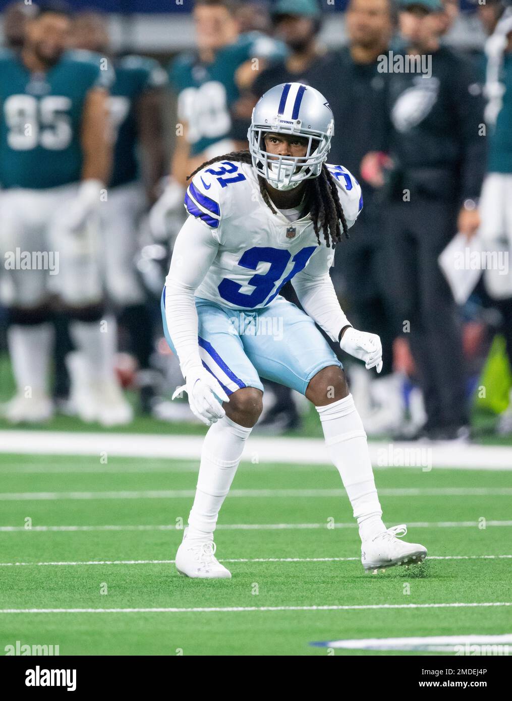 Dallas Cowboys cornerback Maurice Canady (31) holds the ball after a play  against the Philadelphia Eagles during an NFL football game in Arlington,  Texas, Monday, Sept. 27, 2021. (AP Photo/Michael Ainsworth Stock