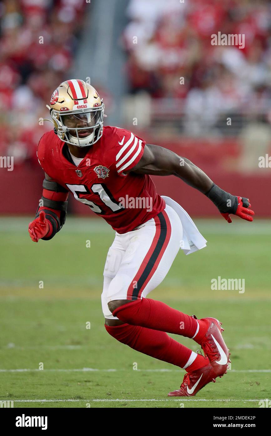 San Francisco 49ers linebacker Azeez Al-Shaair (51) is introduced before an  NFL divisional round playoff football game against the Dallas Cowboys in  Santa Clara, Calif., Sunday, Jan. 22, 2023. (AP Photo/Godofredo A.