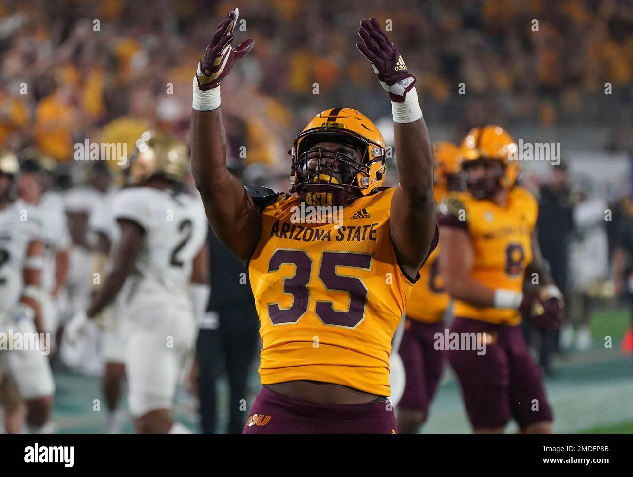 Arizona State defensive lineman B.J. Green (35) pumps up the crowd after  sacking Colorado quarterback Brendon Lewis (12) for a loss during the first  half of an NCAA college football game Sat,