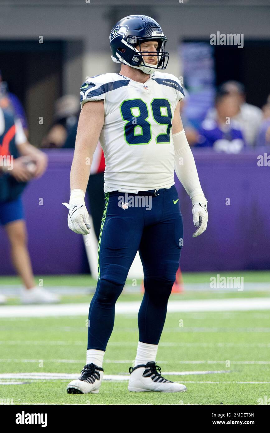 Seattle Seahawks tight end Will Dissly (89) during an NFL football game  against the Denver Broncos, Monday, Sept. 12, 2022, in Seattle, WA. The  Seahawks defeated the Bears 17-16. (AP Photo/Ben VanHouten