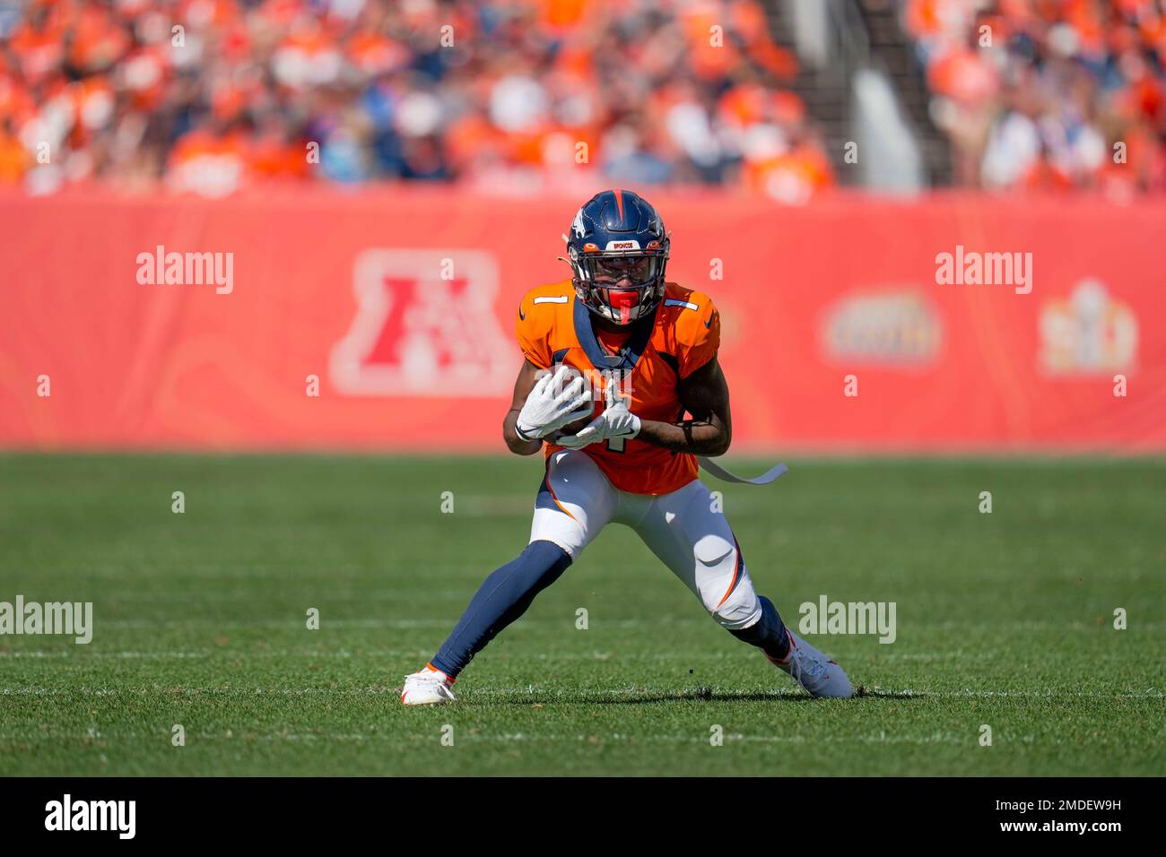 Denver Broncos wide receiver K.J. Hamler (1) runs against the New York Jets  during an NFL football game Sunday, Sept. 26, 2021, in Denver. (AP  Photo/Jack Dempsey Stock Photo - Alamy