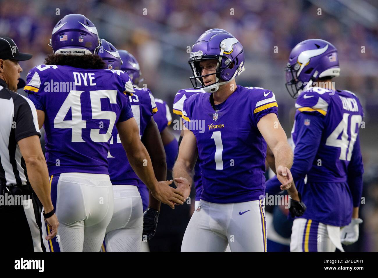 Minnesota Vikings kicker Greg Joseph (1) walks to the sidelines after  missing a game-winning field goal attempt against the Arizona Cardinals  after an NFL football game, Sunday, Sept. 19, 2021, in Glendale