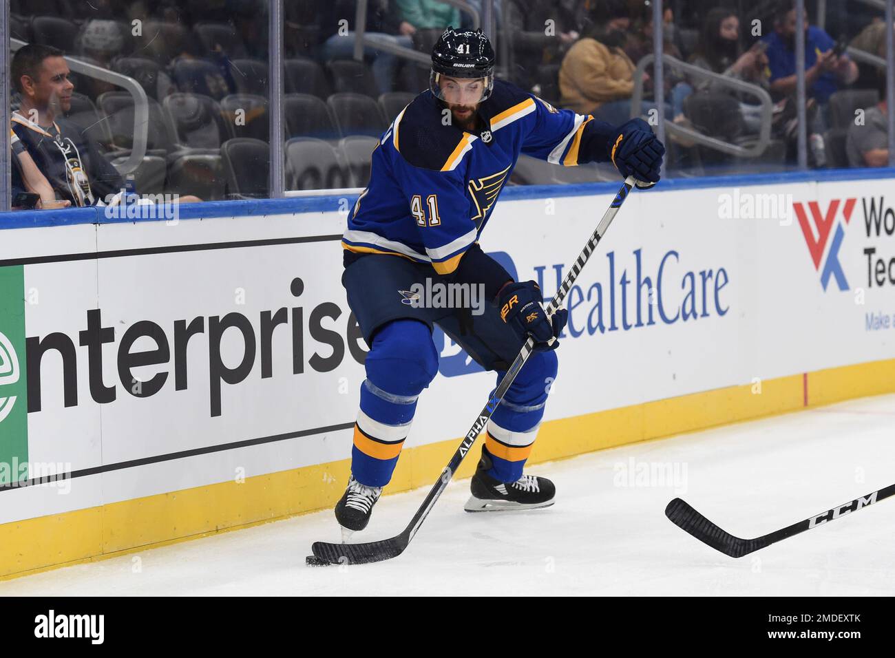 St. Louis Blues Robert Bortuzzo (41) in action against the Minnesota Wild during the first period of a preseason NHL hockey game Saturday, Sept. 25, 2021, in St