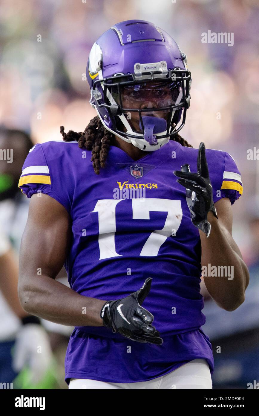 Minnesota Vikings wide receiver K.J. Osborn (17) reacts after a play  against the Seattle Seahawks during the second half an NFL football game,  Sunday, Sept. 26, 2021 in Minneapolis. Minnesota won 30-17. (