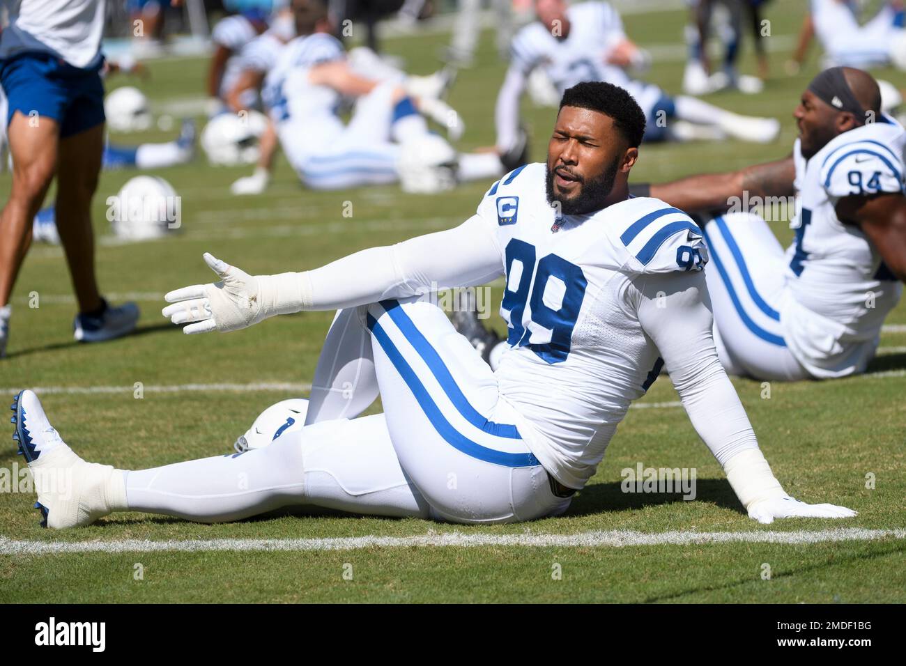 Indianapolis Colts defensive tackle DeForest Buckner (99) warms up before  an NFL football game against the Tennessee Titans, Sunday, Sept. 26, 2021,  in Nashville, Tenn. (AP Photo/John Amis Stock Photo - Alamy