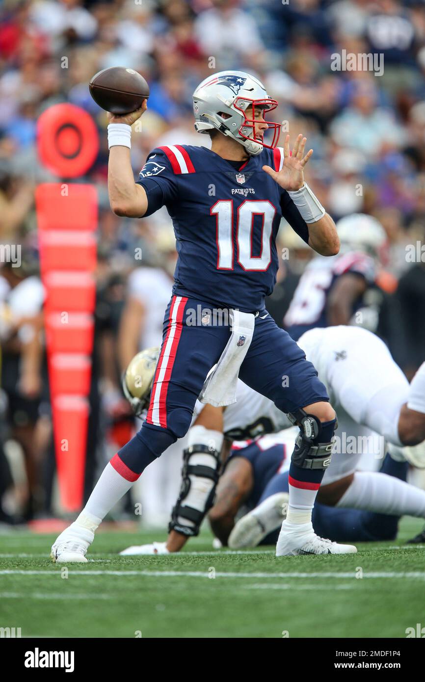 New England Patriots quarterback Mac Jones (10) throws the ball during the  first half of an NFL football game against the New Orleans Saints, Sunday,  Sept. 26, 2021, in Foxborough, Mass. (AP