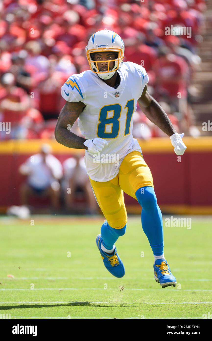 Los Angeles Chargers wide receiver Mike Williams (81) runs a route against  the Kansas City Chiefs during the first half of an NFL football game,  Sunday, Sept. 26, 2021 in Kansas City,