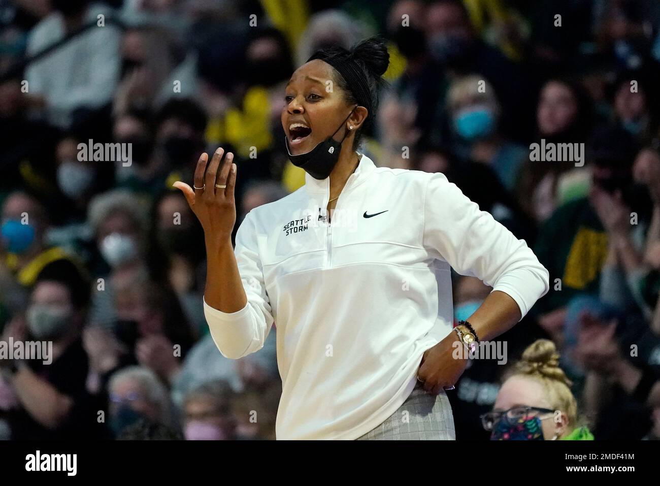 Seattle Storm head coach Noelle Quinn looks toward the court in the ...