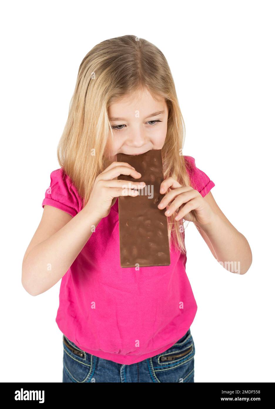little girl eating chocolate isolated on white Stock Photo