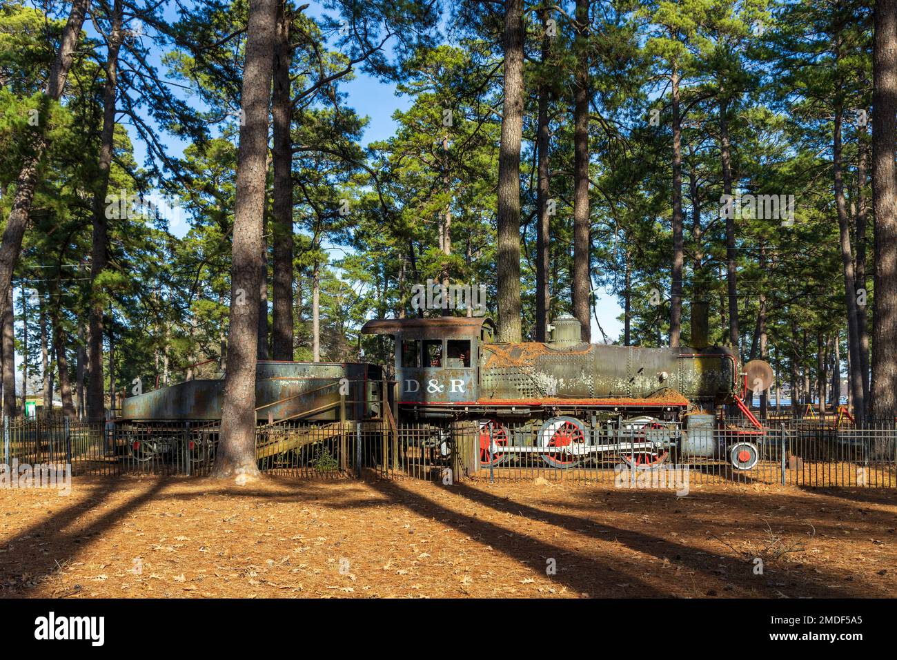 Beautiful Ford Park in Shreveport, Louisiana, with an old historic locomotive on display Stock Photo